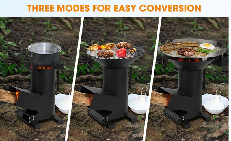 Onlyfire 3 In 1 Camp Rocket Stove with 14.5" Cooking Grate, 18" Griddle and Cooktop, Portable Wood Burning Camping Stove Outside Survival Cooking Kit Accessory for Outdoor Cooking Tents Hiking