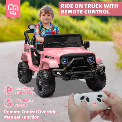 Electric Ride on Truck Car Remote Control, Twin 35W Motors 3.5MPH Max Speed, Bluetooth USB Music Player, 4 Wheels Suspension LED Lights Safety Belt, Gift for Boy & Girl-Rosy