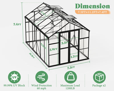 Greenhouse with Quick-Connect Fittings, Walk-in Aluminum Greenhouse with 2 Swing Doors, Greenhouses for Outdoors for Garden Backyard, Black