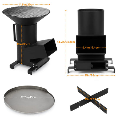 Onlyfire 3 In 1 Camp Rocket Stove with 14.5" Cooking Grate, 18" Griddle and Cooktop, Portable Wood Burning Camping Stove Outside Survival Cooking Kit Accessory for Outdoor Cooking Tents Hiking