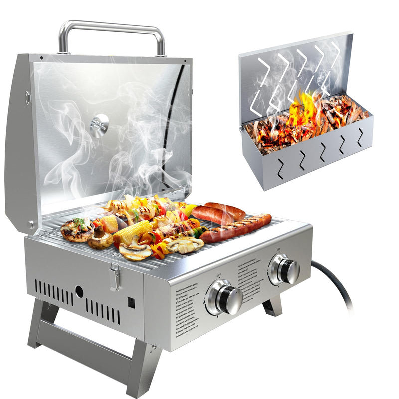 Portable Propane Gas Grill+ Grill Smoker Box, Camping Essentials for Picnic, Hiking, Beach and Travel