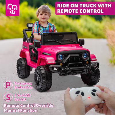 Electric Ride on Truck Car Remote Control, Twin 35W Motors 3.5MPH Max Speed, Bluetooth USB Music Player, 4 Wheels Suspension LED Lights Safety Belt, Gift for Boy & Girl-Rosy