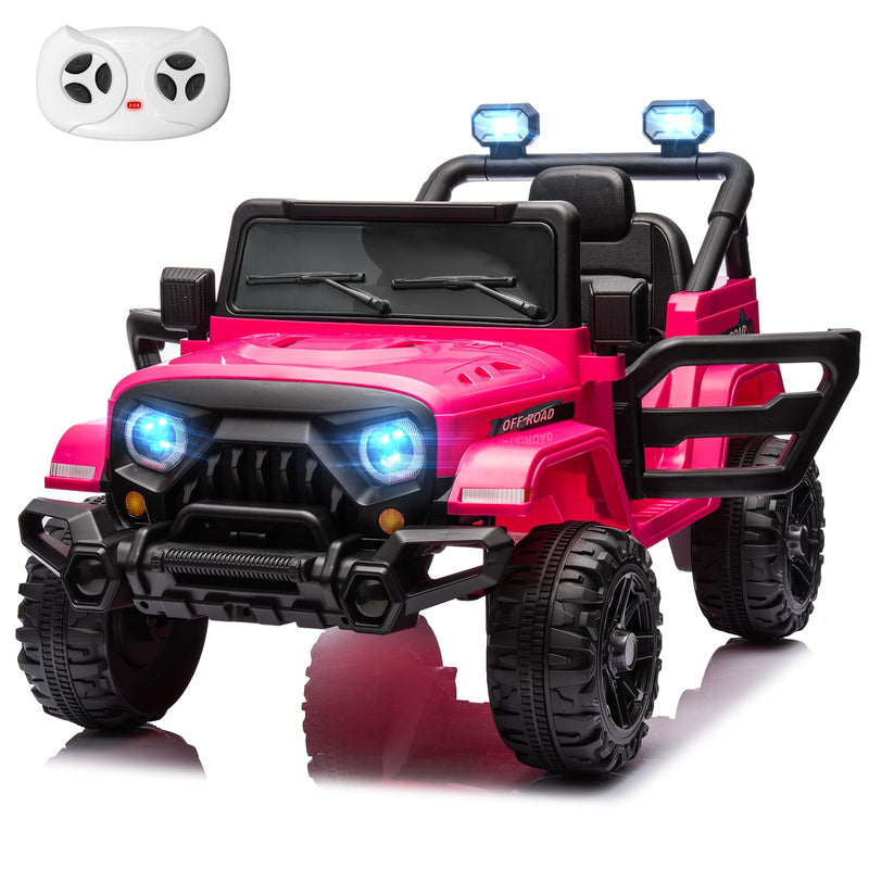 Electric Ride on Truck Car Remote Control, Twin 35W Motors 3.5MPH Max Speed, Bluetooth USB Music Player, 4 Wheels Suspension LED Lights Safety Belt, Gift for Boy & Girl-Rosy