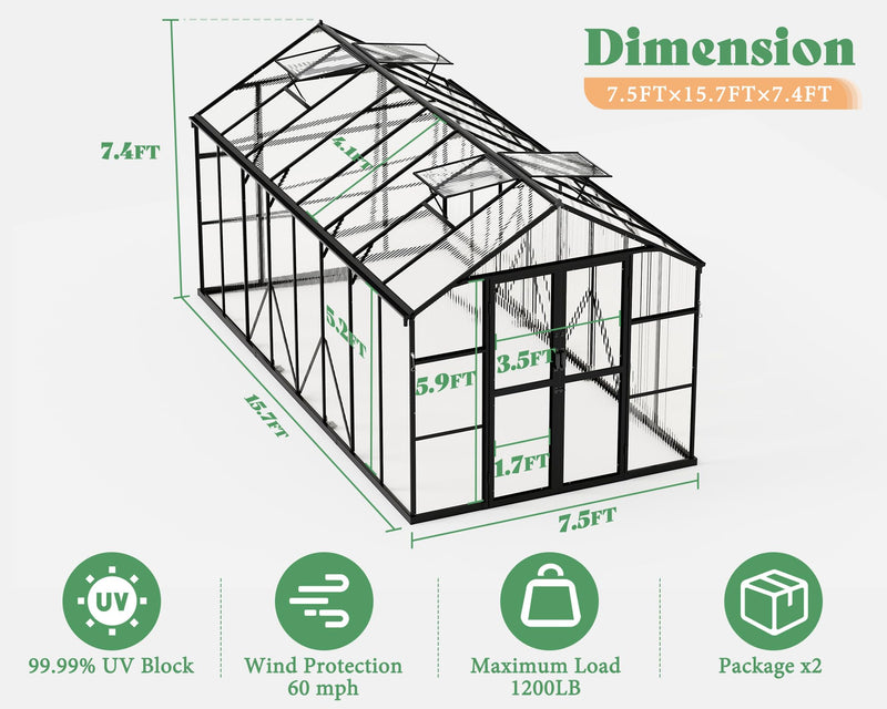 Greenhouse with Quick-Connect Fittings, Walk-in Aluminum Greenhouse with 2 Swing Doors, Greenhouses for Outdoors for Garden Backyard, Black