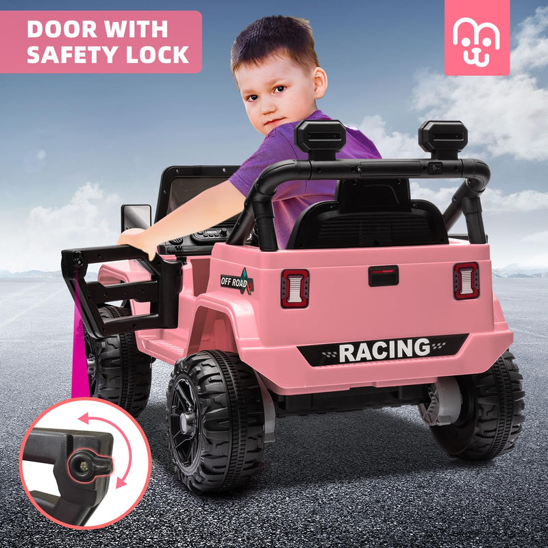 Electric Ride on Truck Car Remote Control, Twin 35W Motors 3.5MPH Max Speed, Bluetooth USB Music Player, 4 Wheels Suspension LED Lights Safety Belt, Gift for Boy & Girl-Rosy