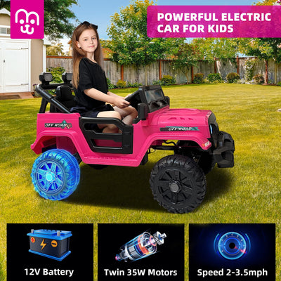 Electric Ride on Truck Car Remote Control, Twin 35W Motors 3.5MPH Max Speed, Bluetooth USB Music Player, 4 Wheels Suspension LED Lights Safety Belt, Gift for Boy & Girl-Rosy