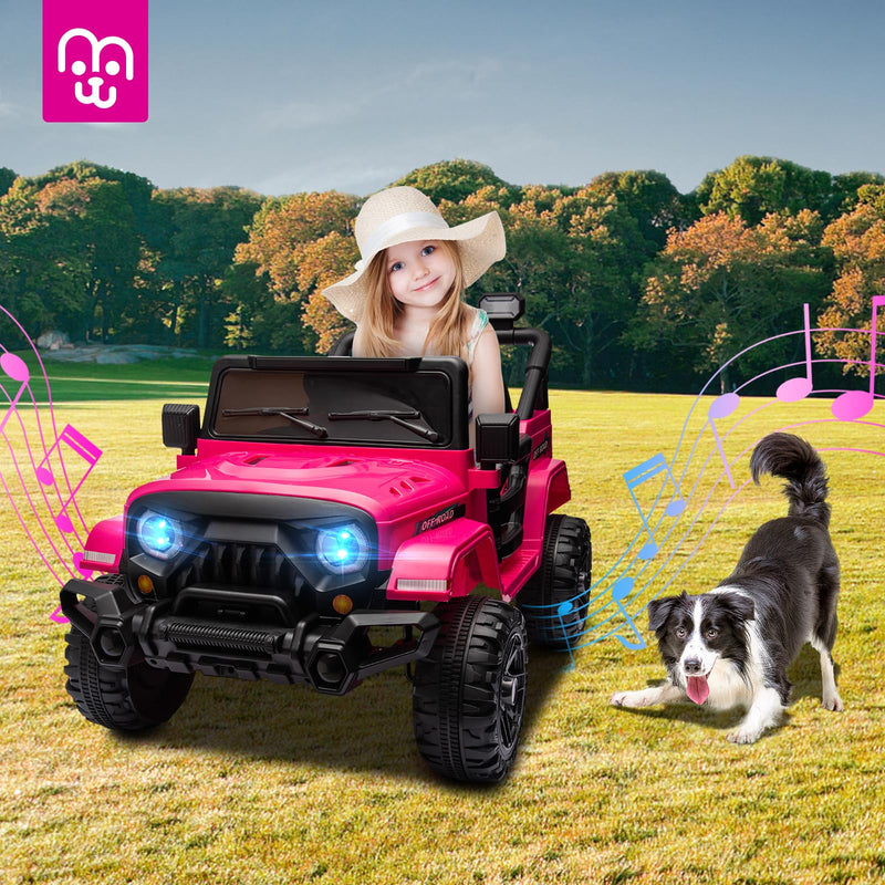 Electric Ride on Truck Car Remote Control, Twin 35W Motors 3.5MPH Max Speed, Bluetooth USB Music Player, 4 Wheels Suspension LED Lights Safety Belt, Gift for Boy & Girl-Rosy