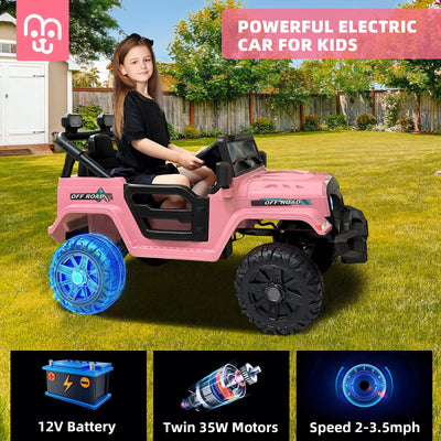 Electric Ride on Truck Car Remote Control, Twin 35W Motors 3.5MPH Max Speed, Bluetooth USB Music Player, 4 Wheels Suspension LED Lights Safety Belt, Gift for Boy & Girl-Rosy