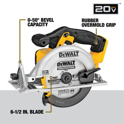 DEWALT 20V MAX Circular Saw, 6-1/2-Inch Blade,  0-50 Degree Bevel Capability, Bare Tool Only