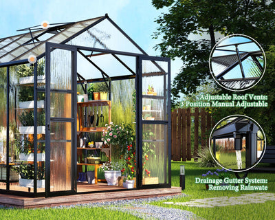 Greenhouse with Quick-Connect Fittings, Walk-in Aluminum Greenhouse with 2 Swing Doors, Greenhouses for Outdoors for Garden Backyard, Black