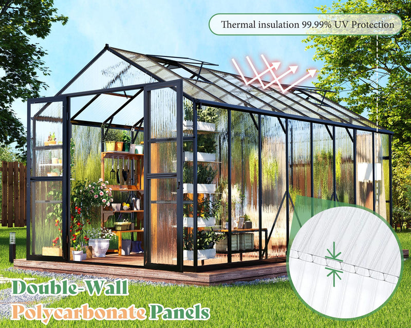 Greenhouse with Quick-Connect Fittings, Walk-in Aluminum Greenhouse with 2 Swing Doors, Greenhouses for Outdoors for Garden Backyard, Black