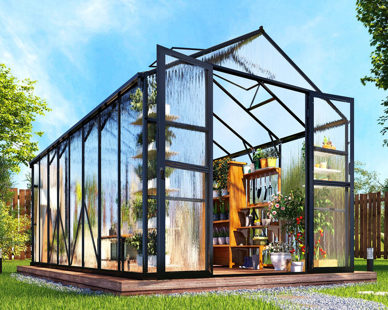 Greenhouse with Quick-Connect Fittings, Walk-in Aluminum Greenhouse with 2 Swing Doors, Greenhouses for Outdoors for Garden Backyard, Black