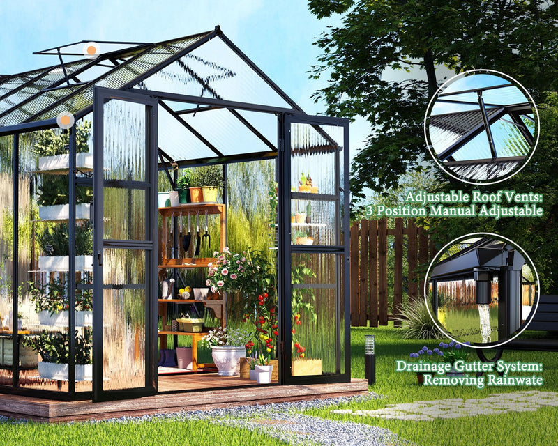 Greenhouse with Quick-Connect Fittings, Walk-in Aluminum Greenhouse with 2 Swing Doors, Greenhouses for Outdoors for Garden Backyard, Black