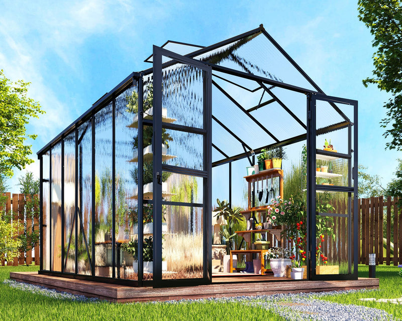 Greenhouse with Quick-Connect Fittings, Walk-in Aluminum Greenhouse with 2 Swing Doors, Greenhouses for Outdoors for Garden Backyard, Black