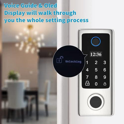 Fingerprint Door Lock with Handles, Keyless Entry Door Lock, Smart Door Lock, Electronic Keypad Deadbolt, Front Door Lock Handle Sets (Silver)