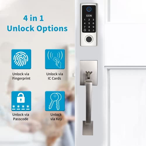 Fingerprint Door Lock with Handles, Keyless Entry Door Lock, Smart Door Lock, Electronic Keypad Deadbolt, Front Door Lock Handle Sets (Silver)