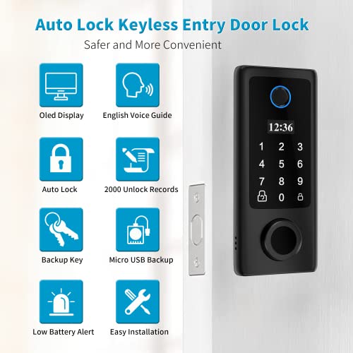 Fingerprint Door Lock with Handles, Keyless Entry Door Lock, Smart Door Lock, Electronic Keypad Deadbolt, Front Door Lock Handle Sets (Silver)