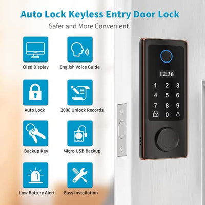 Fingerprint Door Lock with Handles, Keyless Entry Door Lock, Smart Door Lock, Electronic Keypad Deadbolt, Front Door Lock Handle Sets (Silver)