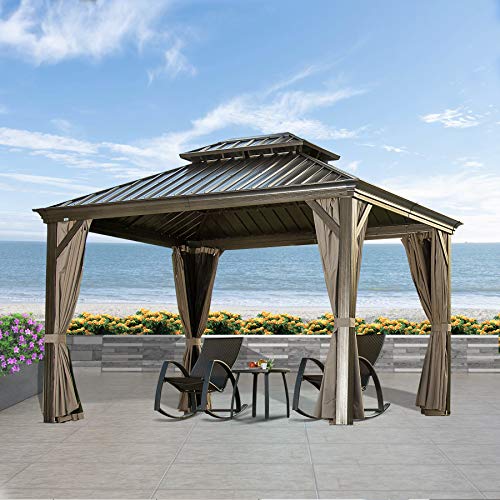 Domi Outdoor Living 10’ X 12’ Hardtop Gazebo Outdoor Aluminum Gazebo with Galvanized Steel Double Roof for Lawn and Garden, with Curtains & Net (Teak Coated)