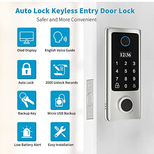 Fingerprint Door Lock with Handles, Keyless Entry Door Lock, Smart Door Lock, Electronic Keypad Deadbolt, Front Door Lock Handle Sets (Silver)