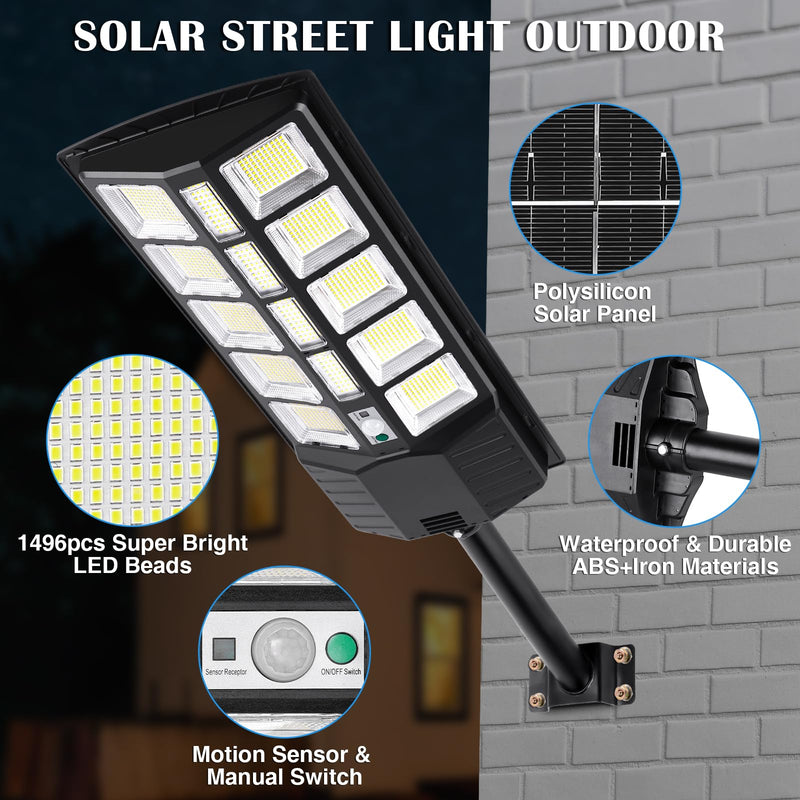 Ilimitado Solar Street Lights Outdoor Waterproof, 6500K 10000LM 448 & 20000LM 1496LEDs Solar Parking Lot Lights Dusk to Dawn, Solar Flood Light Wide Angle Motion Sensor and Remote Control for Area Lighting Yard